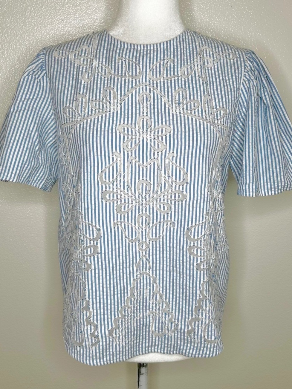 ZARA Womens Blue & White Striped Short Sleeve Embroidery Top Size S